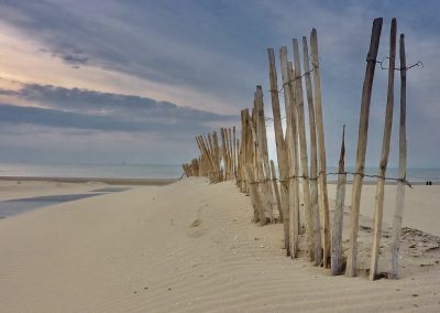 houten stokken op strand tegen zandverstuiving met zicht op horizon