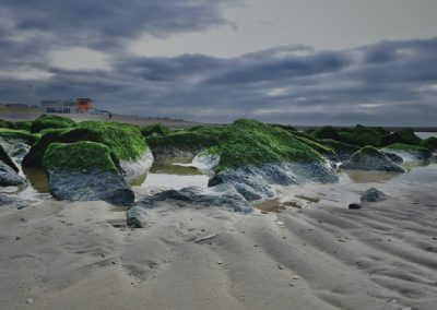 rotsblokken begroeit met mos op de voorgrond bij de uitwatering katwijk aan zee
